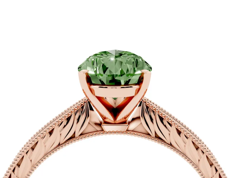 Fancy Green Pear Cut Diamond Solitaire Milgrain Engraved Band Set in Rose gold with Prong Setting