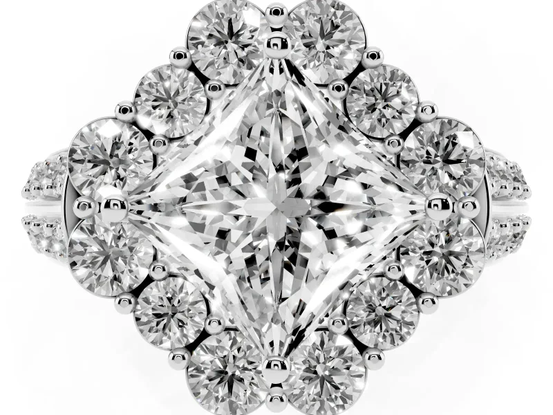 Princess Cut Diamond Halo Engagement Ring Set in Silver with Split Shank and Prong Setting