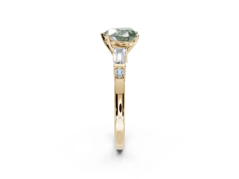 Heart-Shaped Tapered Baguette Engagement Ring Setting for a Fancy Green Lab-Grown Diamond | Bar Set Sides | Yellow Gold