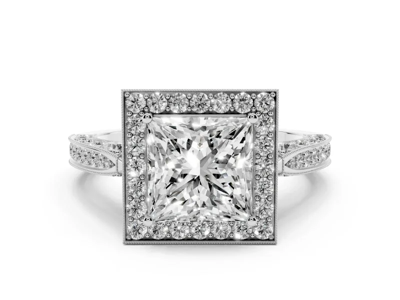 Princess Cut Diamond Halo Engagement Ring Set in Silver with Accent Split Shank Band