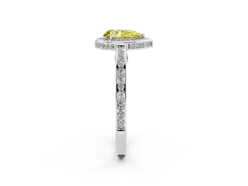 Fancy Yellow Pear Cut Diamond Halo Pavé Split Shank Ring Set in Silver with Prong Setting