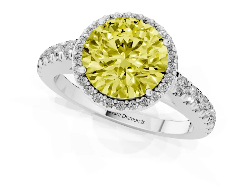 Fancy Yellow Round Cut Diamond Halo Engagement Ring Set in White gold with Pavé Band and Prong Setting