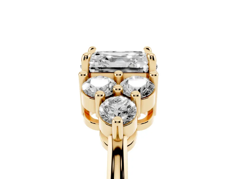 Asscher Cut Diamond Solitaire Ring Set in Yellow gold with Cluster Accents on Each Side