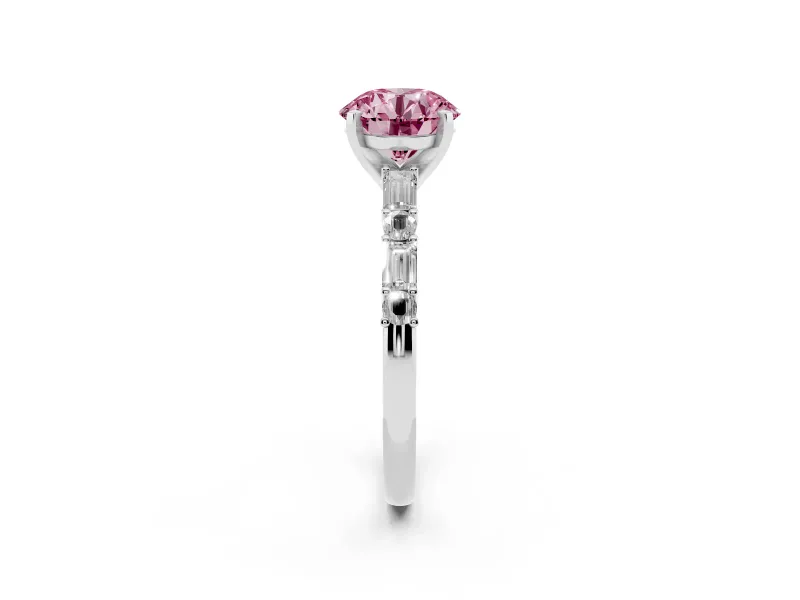 Fancy Pink Round Cut Diamond Solitaire Set in Silver with Side Baguettes and Channel Set Band