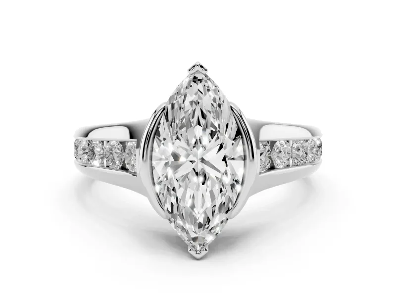 Marquise Cut Diamond Bezel-Set Solitaire Ring Set in Silver with Channel-Set Band