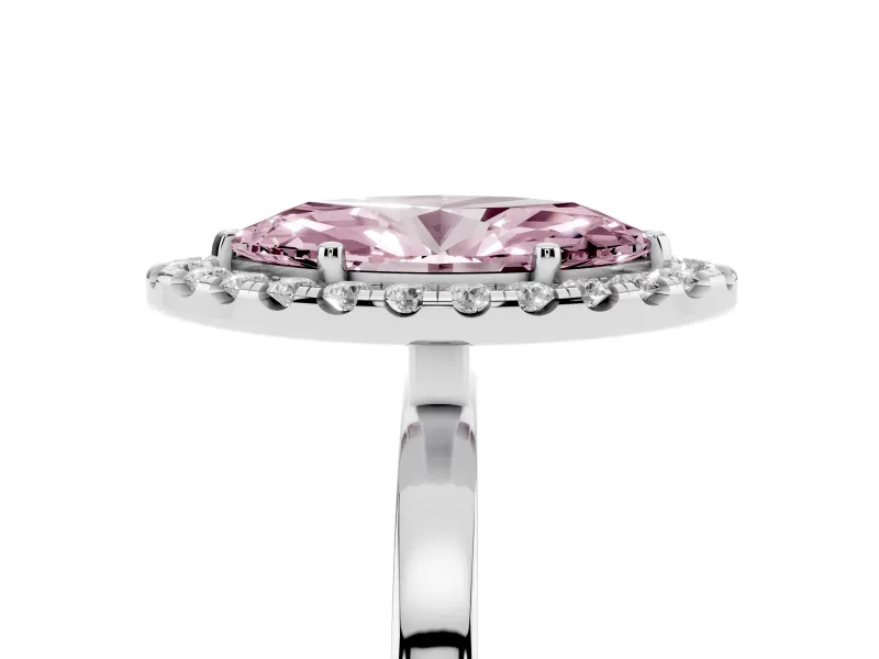 Fancy Pink Marquise Cut Diamond Halo Solitaire Ring Set in Silver with Pavé Band and Prong Setting