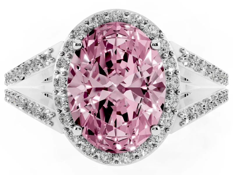 Oval Halo Engagement Ring Setting for a Fancy Pink Lab-Grown Diamond | V-Split Pavé Band | Platinum