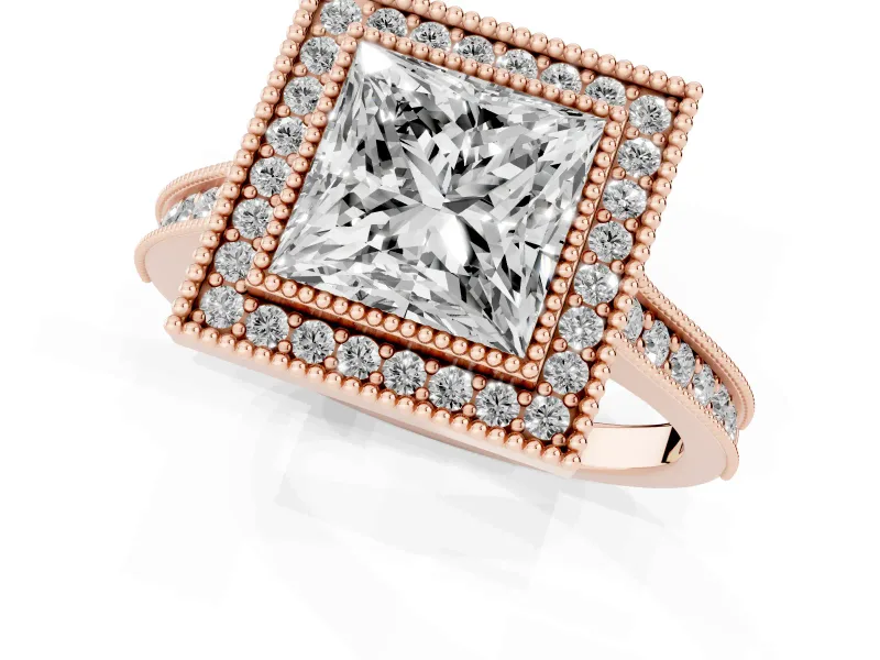 Princess Cut Vintage Milgrain Halo Engagement Ring Setting | Bezel Head | Rose Gold