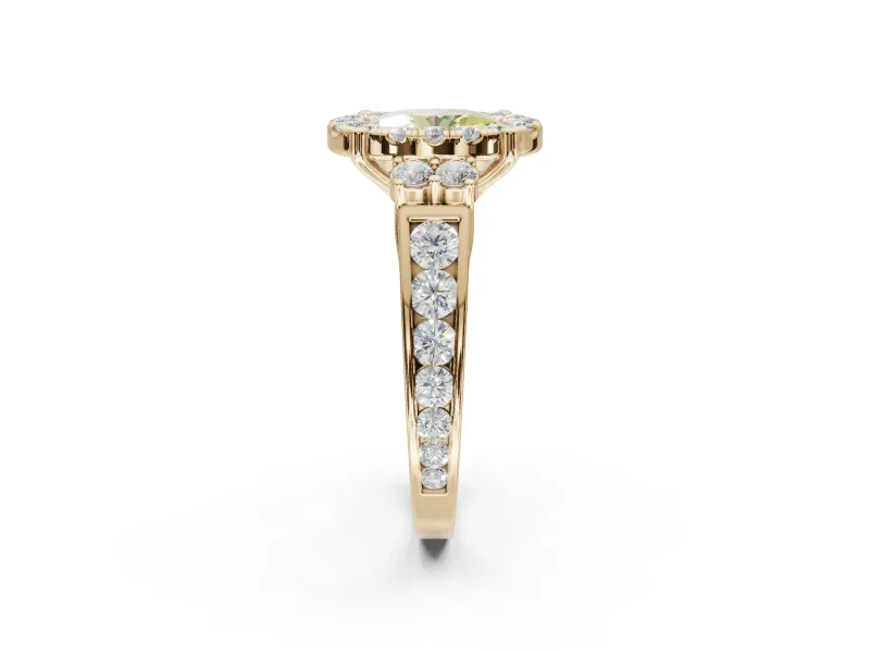 Oval Halo Engagement Ring Setting for a Fancy Yellow Lab-Grown Diamond | Side Clusters | Yellow Gold