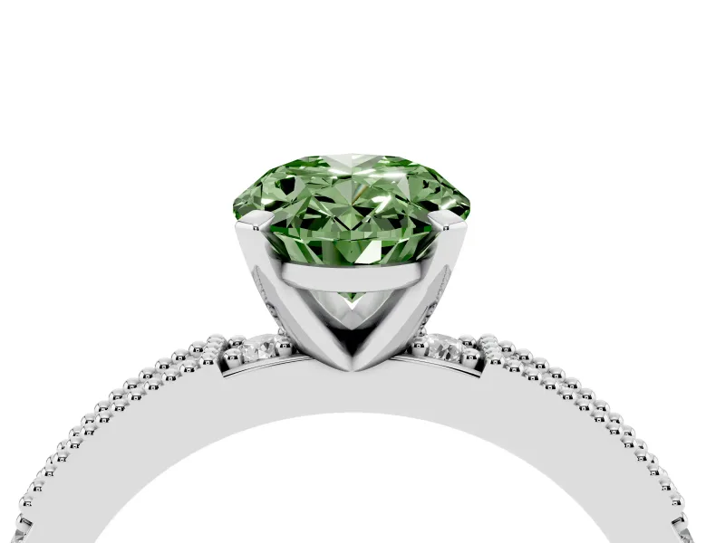 Fancy Green Oval Cut Diamond Solitaire Ring Set in Platinum with Slim Pavé Band and Prong Setting