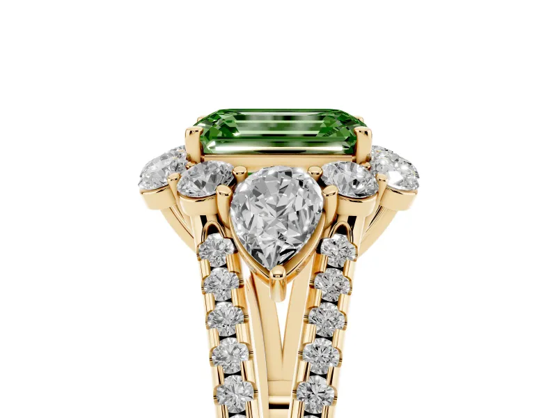 Emerald Cut Scalloped Halo Engagement Ring Setting for a Fancy Green Lab-Grown Diamond | Pear Side Stones | Yellow Gold