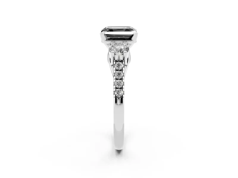 Fancy Black Three-Stone Asscher Cut Diamond Pavé Band Ring Set in Platinum with Prong-Set Trio