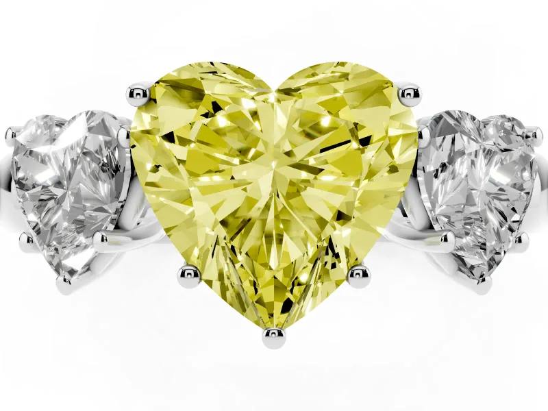 Heart-Shaped Three Stone Engagement Ring Setting for a Fancy Yellow Lab-Grown Diamond | Matching Side Stones | Platinum