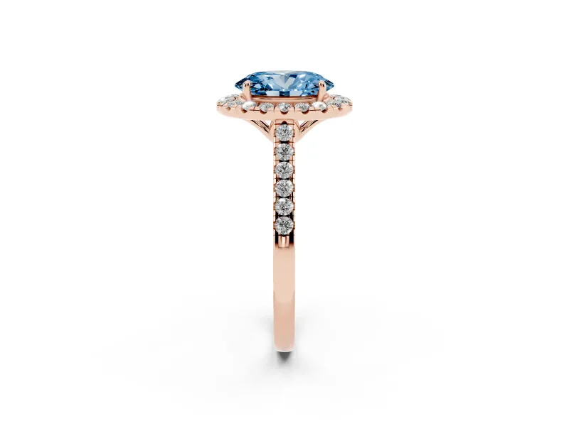 Oval Raised Halo Engagement Ring Setting for a Fancy Blue Lab-Grown Diamond | Pave Band | Rose Gold