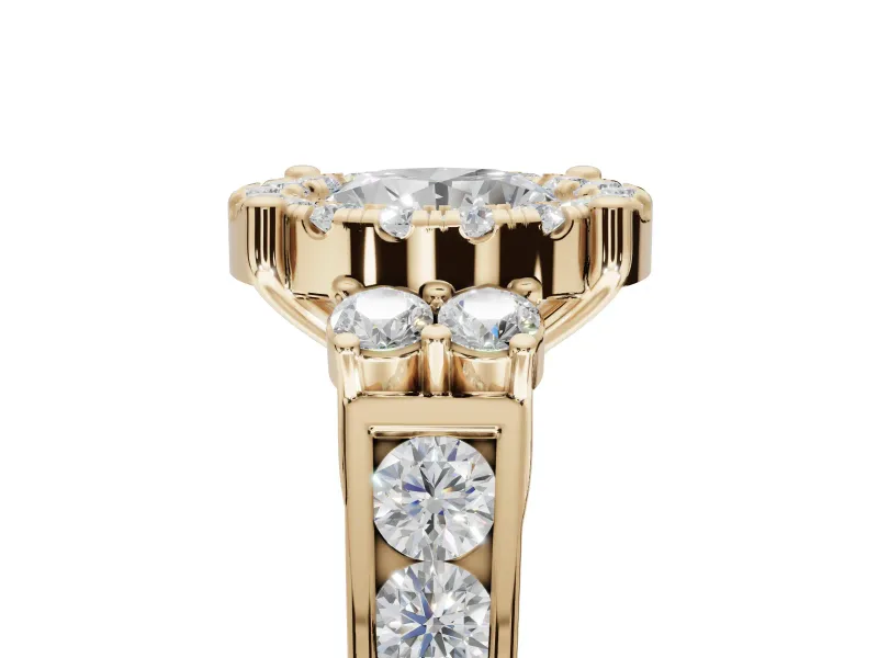 Round Halo Side Cluster Engagement Ring Setting | Graduated Channel Band | Yellow Gold