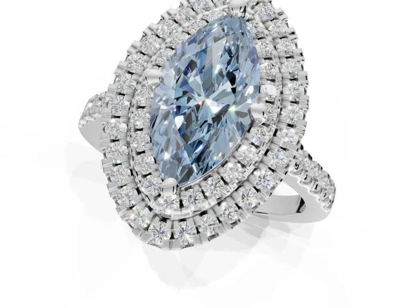 Fancy Blue Marquise Lab-Grown Diamond Double Halo Statement Ring Set in White Gold with Pavé Band