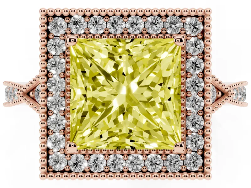 Fancy Yellow Princess Cut Diamond Halo Engagement Ring Set in Rose gold with Milgrain Pavé Band