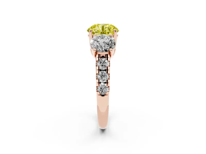 Round Three Stone Engagement Ring Setting for a Fancy Yellow Lab-Grown Diamond | Accented Shoulders | Rose Gold