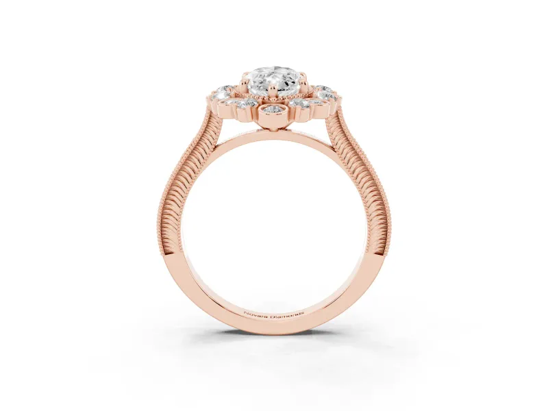 Marquise Cut Diamond Halo Milgrain Pavé Ring Set in Rose gold with Prong Setting