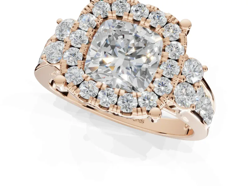 Cushion Cut Halo Side Cluster Engagement Ring Setting | Graduated Channel Band | Rose Gold