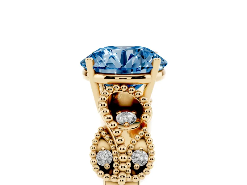 Fancy Blue Round Cut Diamond Milgrain Leaf Band Solitaire Ring Set in Yellow gold with Accent Stones and Prong Setting