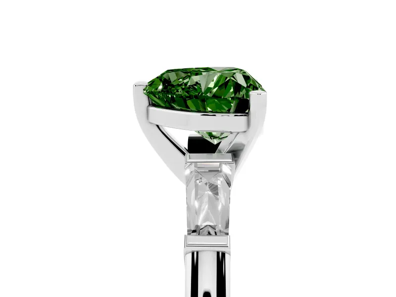 Fancy Green Heart Cut Diamond Solitaire Ring Set in Platinum with Tapered Baguette Side Stones and Prong Setting