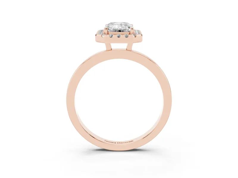 Emerald Cut Diamond Halo Solitaire Ring Set in Rose gold with Pavé Band and Prong Setting