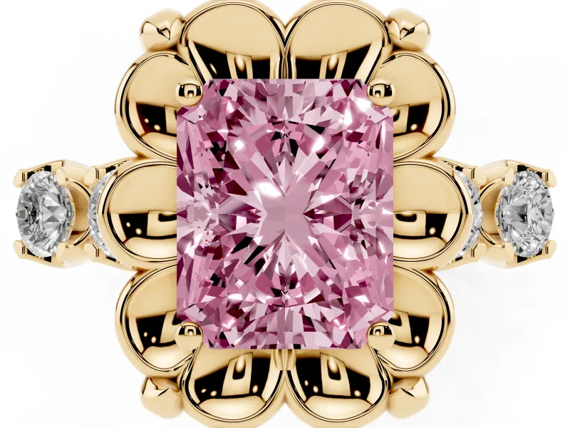 Fancy Pink Radiant Cut Diamond Floral Halo Ring Set in Yellow gold with Shared Prong Band
