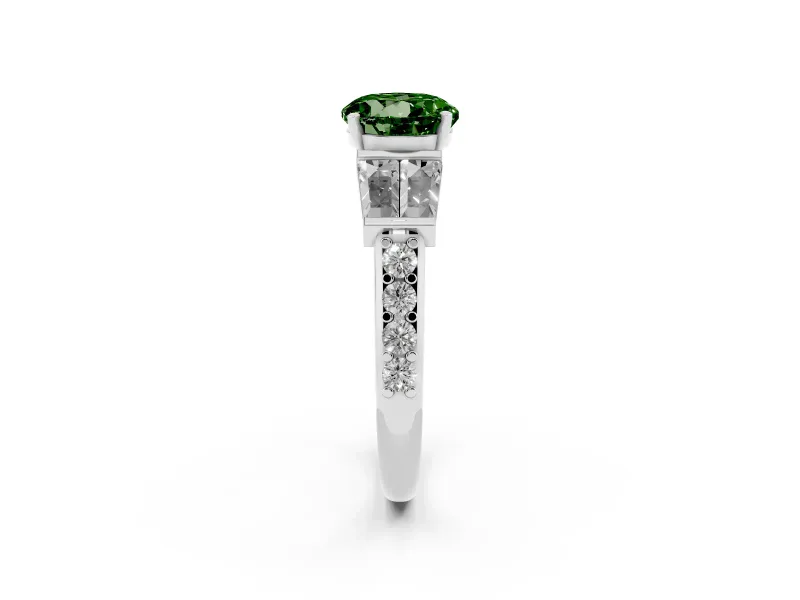 Fancy Green Round Cut Diamond Engagement Ring Set in Silver with Baguette Side Stones and Channel Set Band
