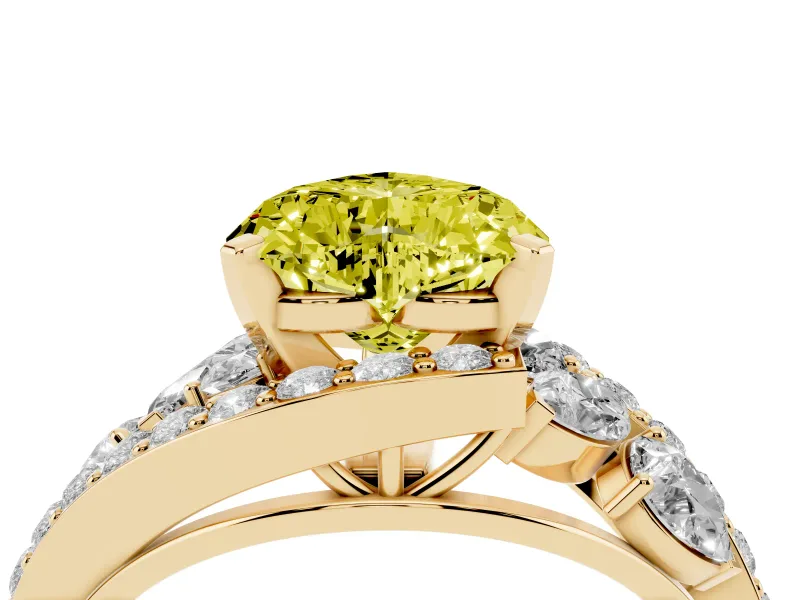 Fancy Yellow Heart Cut Diamond Halo Ring Set in Yellow gold with Marquise and Pavé Band in Prong Setting