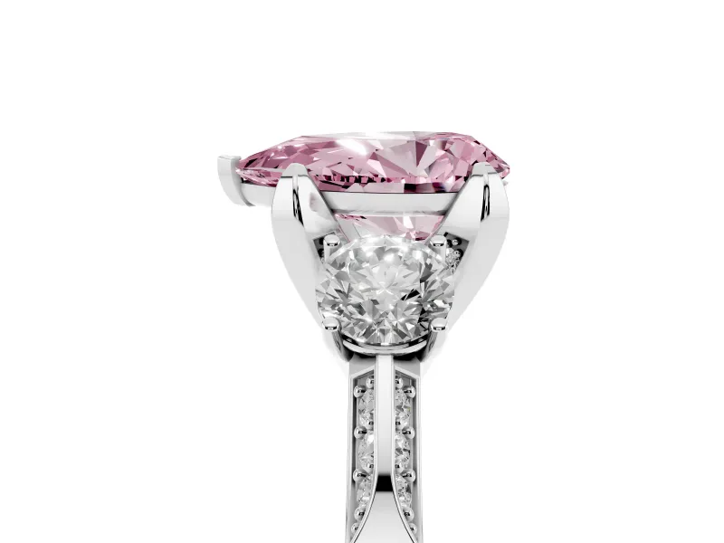 Pear-Shaped Hidden Halo Three Stone Engagement Ring Setting for a Fancy Pink Lab-Grown Diamond | Pave Gallery | Platinum