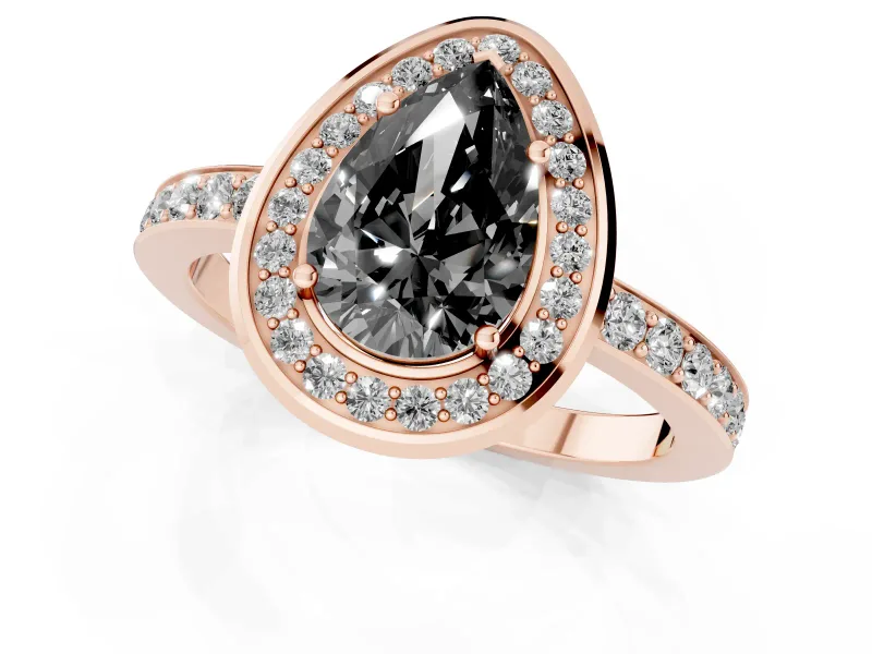 Fancy Black Pear Cut Diamond Halo Ring Set in Rose gold with Bezel Frame and Pavé Band