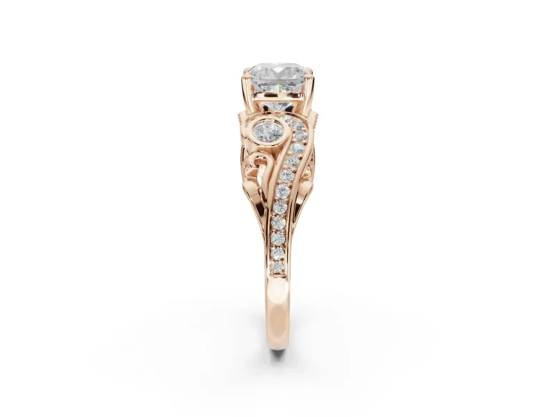 Cushion Cut Vintage Swirl Engagement Ring Setting | Bezel Side Accents | Rose Gold