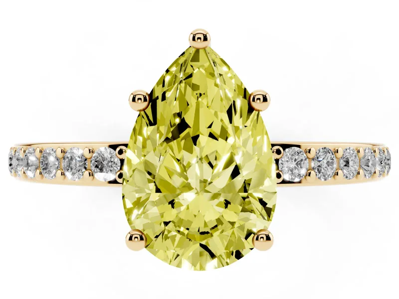 Fancy Yellow Pear Cut Diamond Pavé Band Ring Set in Yellow gold with Prong-Set Center Stone