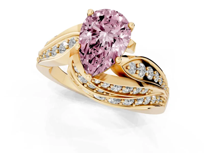 Fancy Pink Pear Cut Diamond Solitaire Ring Set in Yellow gold with Layered Twist Pavé Band