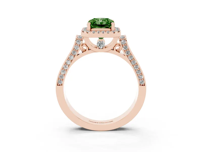 Radiant Cut Halo Engagement Ring Setting for a Fancy Green Lab-Grown Diamond | Pavé Panel Shoulders | Rose Gold
