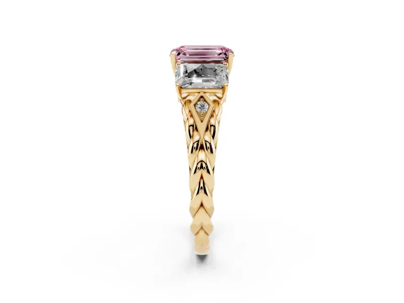 Emerald Cut Three Stone Engagement Ring Setting for a Fancy Pink Lab-Grown Diamond | Braided Band | Yellow Gold