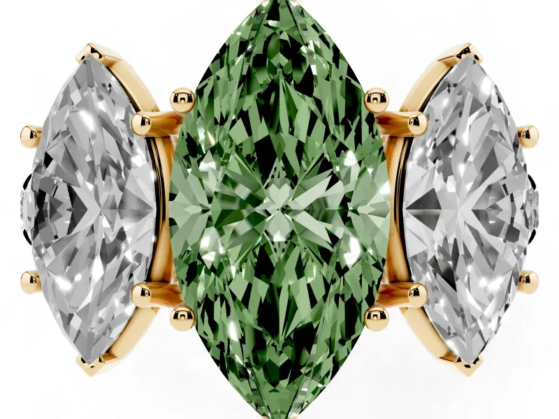 Marquise Three Stone Engagement Ring Setting for a Fancy Green Lab-Grown Diamond | Accented Shoulders | Yellow Gold
