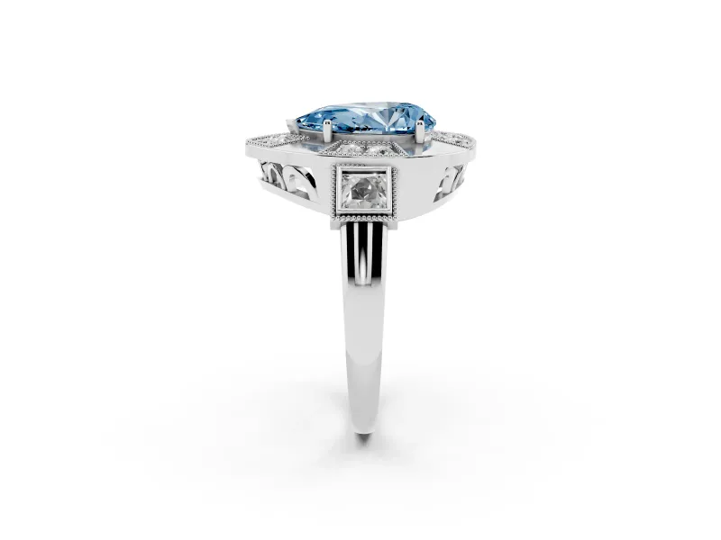 Fancy Blue Pear Cut Diamond Milgrain Halo Ring Set in White gold with Split Shank