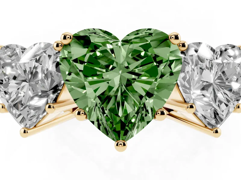 Heart-Shaped Three Stone Engagement Ring Setting for a Fancy Green Lab-Grown Diamond | Beaded Shoulders | Yellow Gold