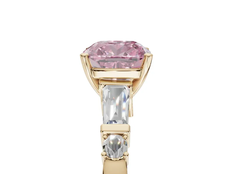 Cushion Cut Tapered Baguette Engagement Ring Setting for a Fancy Pink Lab-Grown Diamond | Bar Set Sides | Yellow Gold