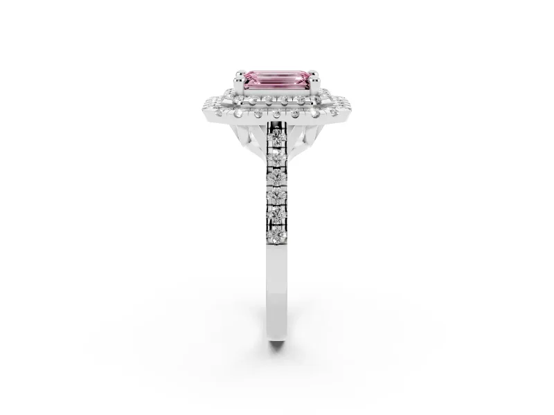 Emerald Cut Double Halo Engagement Ring Setting for a Fancy Pink Lab-Grown Diamond | Pave Shoulders | Sterling Silver