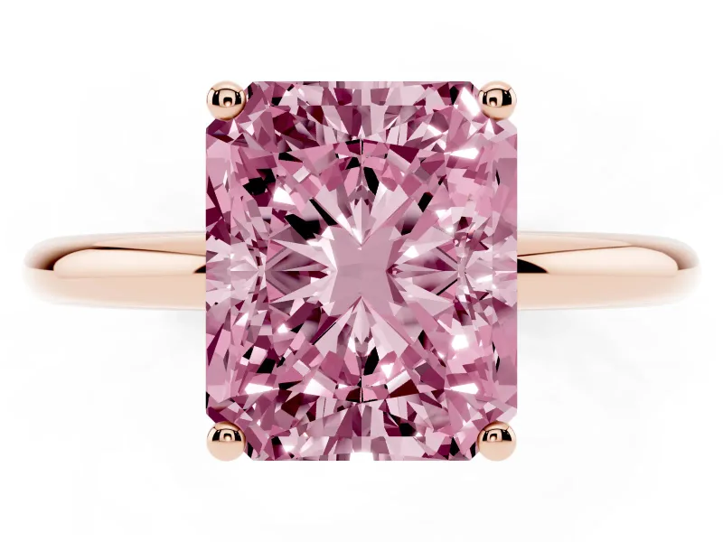 Fancy Pink Radiant Cut Diamond Solitaire Engagement Ring Set in Rose gold with Prong Setting and Polished Band