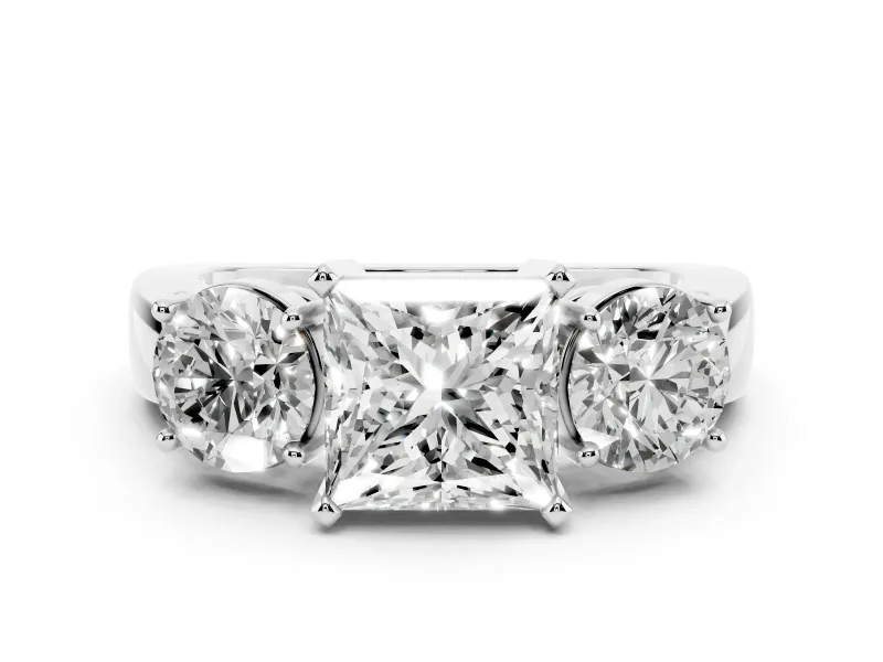 Princess Cut Diamond Three-Stone Ring Set in White gold with Round Side Stones and Classic Band