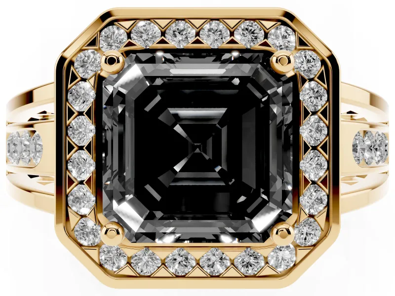 Asscher Cut Halo Engagement Ring Setting for a Black Center | Channel-Set Split Shank | Yellow Gold