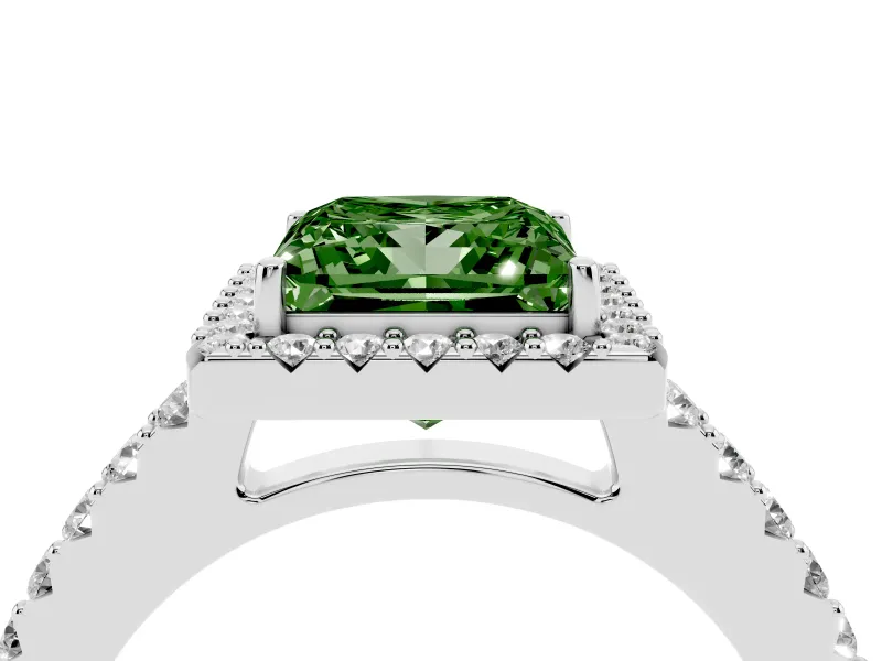 Fancy Green Princess Cut Diamond Halo Pavé Solitaire Ring Set in Silver with Prong-Set Center Stone