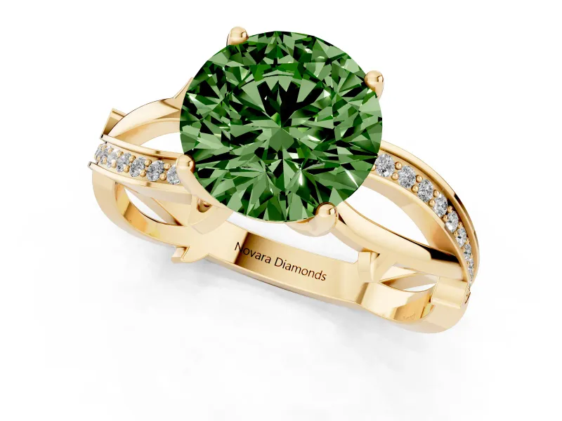 Round Twisted Pavé Engagement Ring Setting for a Fancy Green Lab-Grown Diamond | Pavé and Plain Strands | Yellow Gold