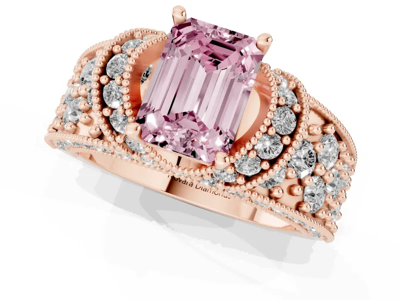 Emerald Cut Vintage Pave Engagement Ring Setting for a Fancy Pink Lab-Grown Diamond | Milgrain Edges | Rose Gold