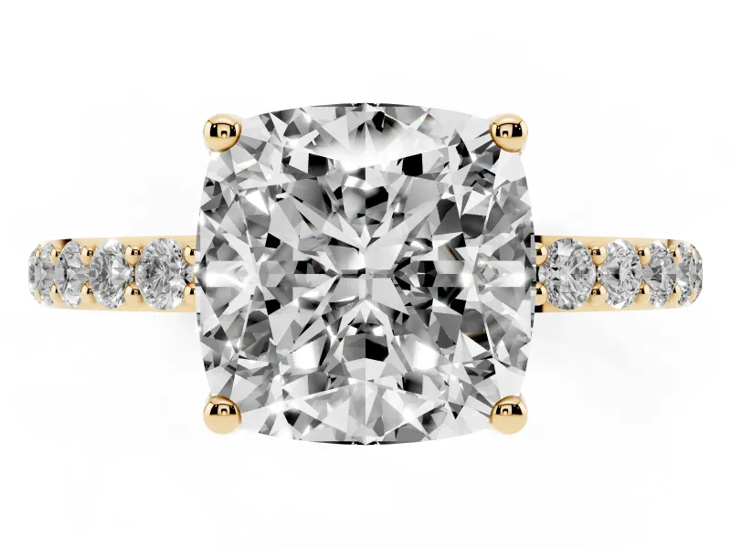 Cushion Cut Pave Solitaire Engagement Ring Setting | Fine Line Pave Band | Yellow Gold