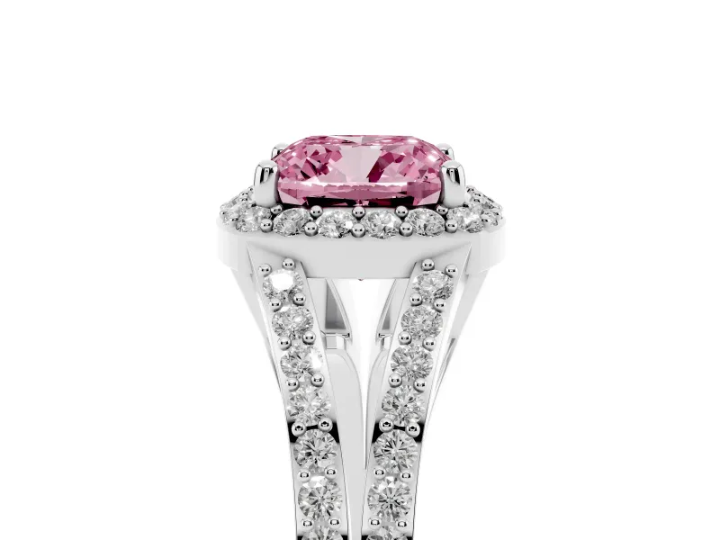 Cushion Cut Halo Engagement Ring Setting for a Fancy Pink Lab-Grown Diamond | V-Split Pavé Band | Sterling Silver